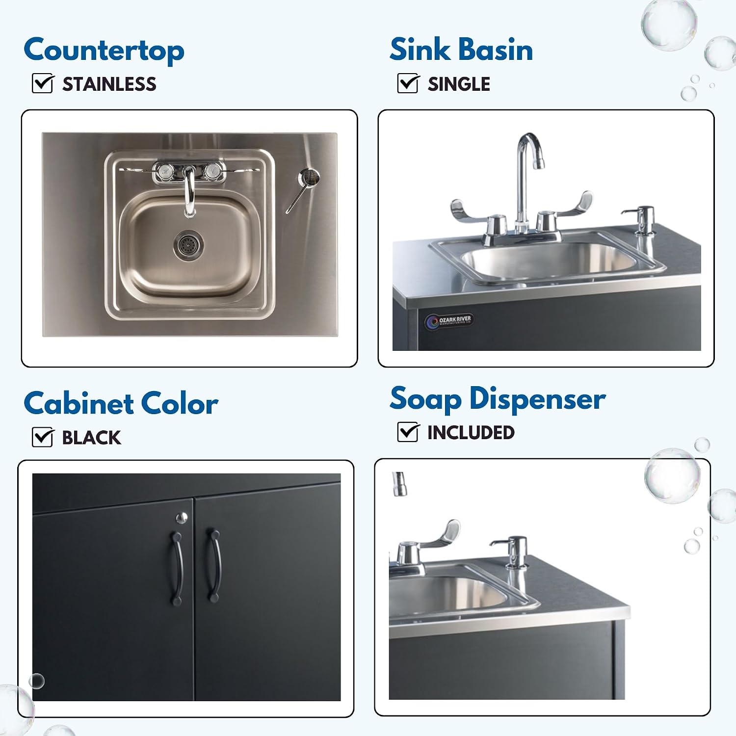 Ozark River Portable Sinks Premier S1, Black Laminate-Stainless Countertop & Basin, Self Contained Sink, Hand Washing Station, Portable Sink with Hot Water, Portable Sink Hand Wash Station