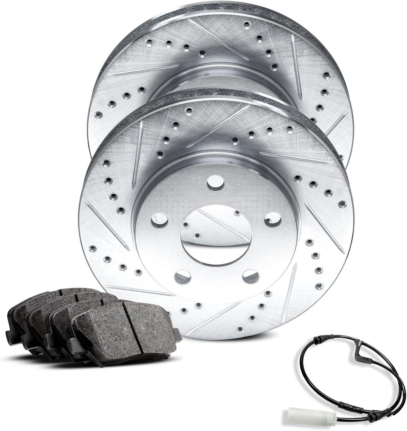 R1 Concepts Front Brake Kit Fits 2001-2005 BMW 320i; 2000 BMW 323Ci; 1999-2000 BMW 323i; 2003-2005 BMW Z4| Ceramic Pads, Drilled Slotted Rotors| Hardware, Sensor Wire| 11.3' Front
