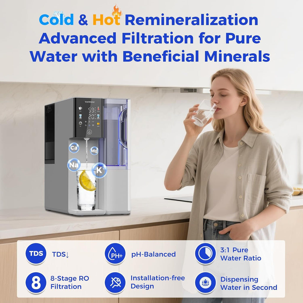 Alkaline Mineral Hot and Cold Countertop Reverse Osmosis System - 2 Filters (1 RO + 1 Remineralization pH+ RO) for 4-Year Lifespan, 3s Hot, 8-Stage RO Filtration, NSF/ANSI372/42/58, C5 Bundle