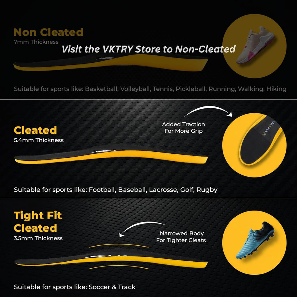 VKTRY Gold for Cleated Shoes - Carbon Fiber Performance Insoles - Customized Athletic Inserts for Soccer & Track | Shock Absorption, Run Fast, Jump High, US: Men 3-3.5, Women 5-5.5, <120lb