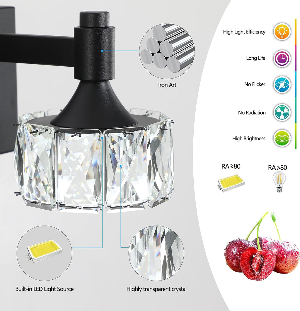 Modern 4-Light LED Vanity Light Dimmable with Faceted Crystal Shades 27.6 Inch Bathroom Lighting Fixture Matte Black and Brushed Gold Finish