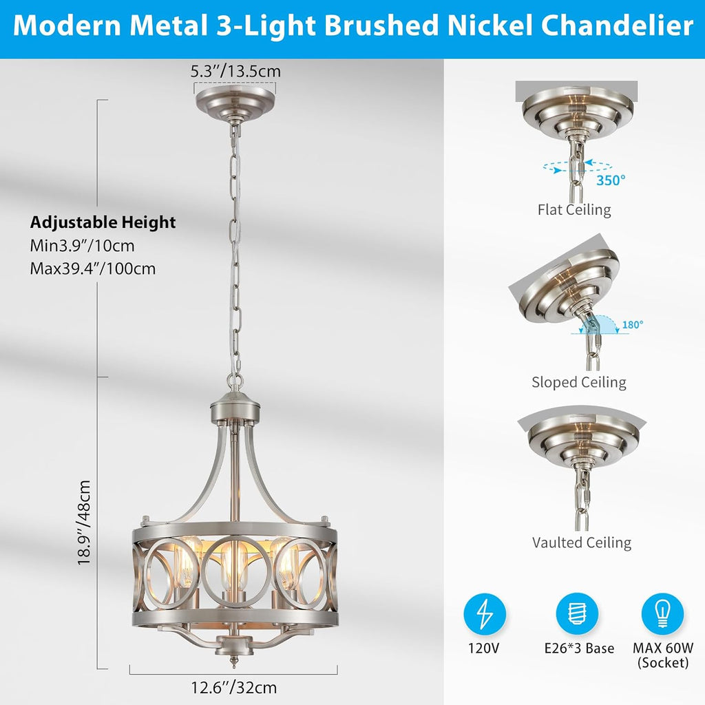 XINGQI 12.6' Modern Farmhouse Brushed Nickel Chandeliers Dining Room Light Fixture Over Table Rustic Metal Drum Pendant Hanging Lamp for Entryway Bedroom Kitchen 3-Light Round Small Chandelier