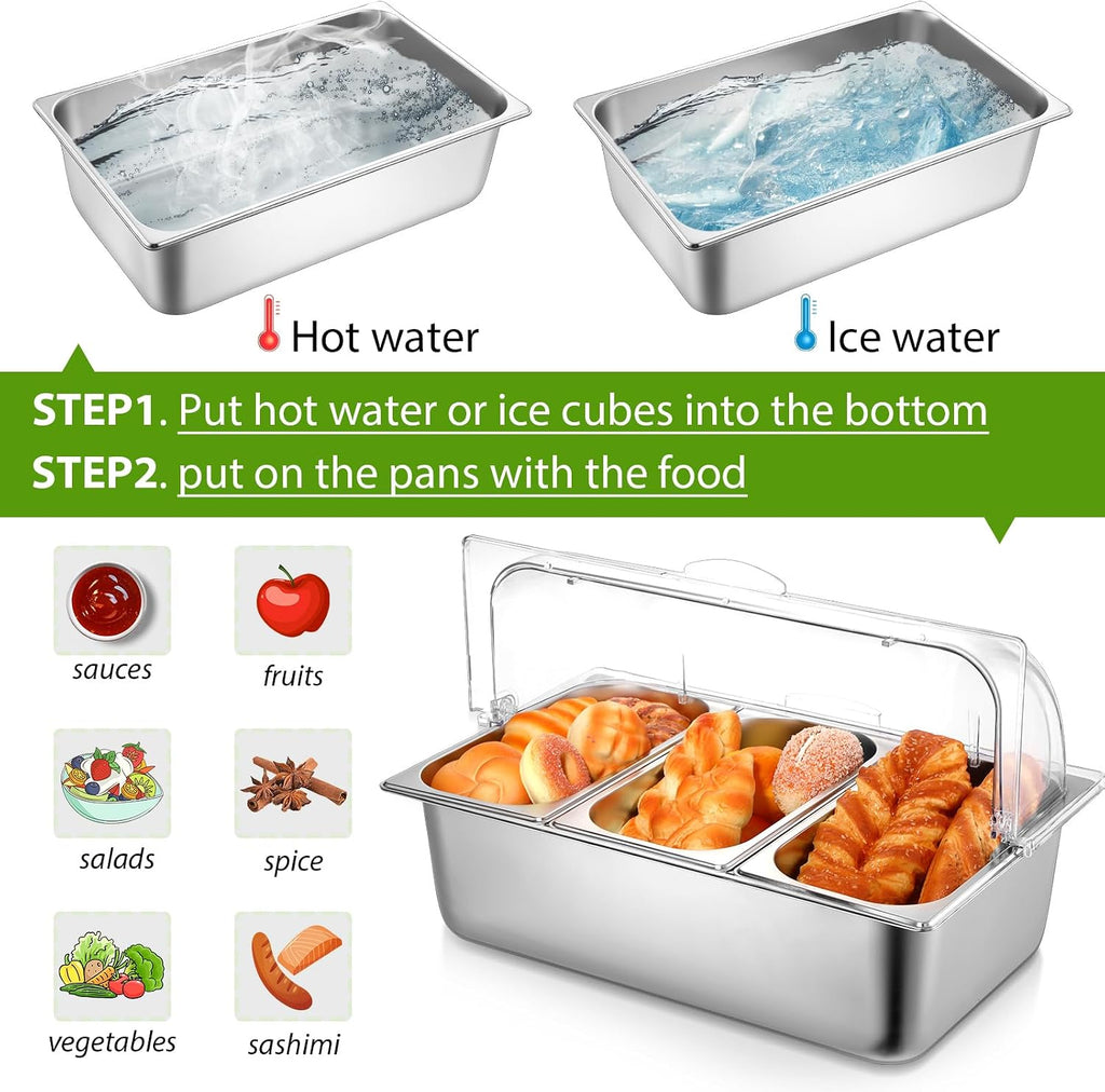 Ziliny 2 Pack Countertop Food Serving Display Container Stainless Steel Food Serving Tray Buffet Condiment Dispenser Display Rack with Clear Roll Top Cover for Buffet (3 Pan and 3 Pan)