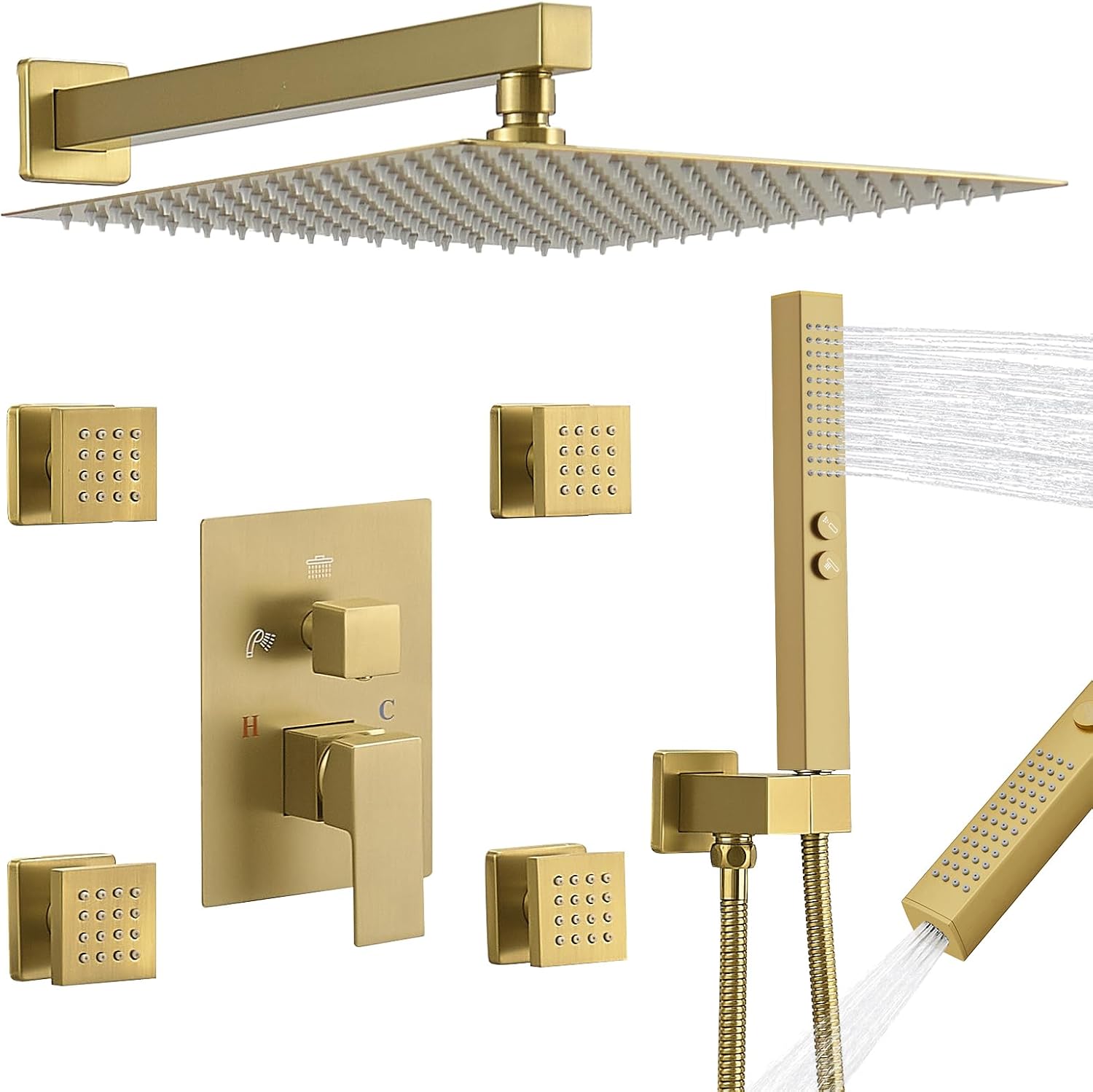 RUMOSE Rainfall Shower System with 4 Body Jets Wall Mounted 4 Mode Shower Faucet Set with 12 Inch Rain Shower Head and 2 in 1 Handheld Spray, Brushed Gold Brass Shower Fixtures, Rough-in Valve