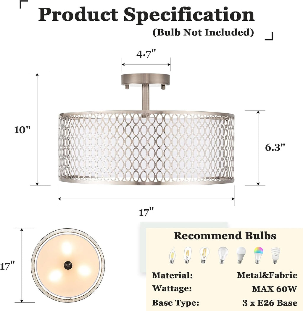 17' Semi Flush Mount Ceiling Light Fixture, Modern 3-Light E26 Double Drum Ceiling Lighting with White Fabric Lampshade and Gloden Iron Mesh Cage for Living Room Bedroom, Brushed Nickel