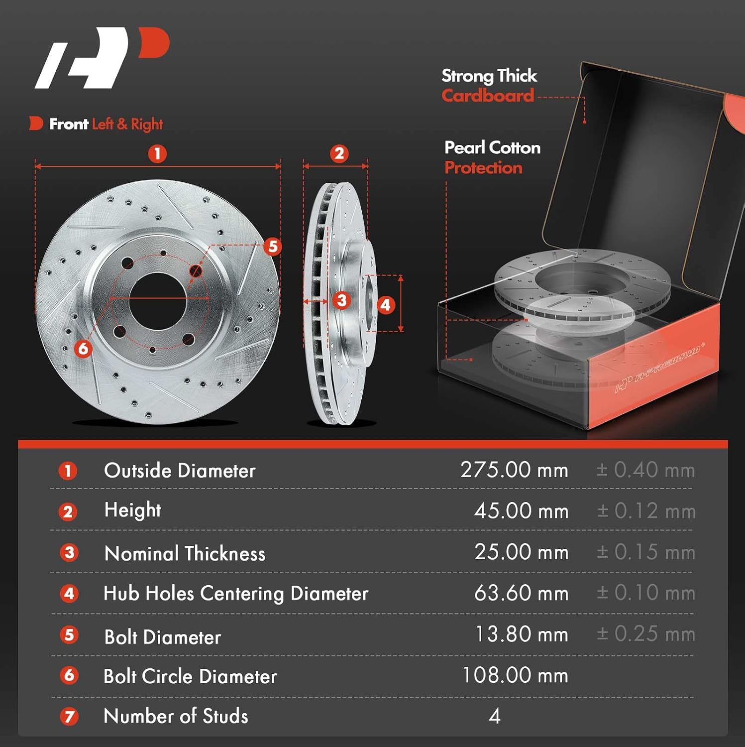 A-Premium 10.83 inch (275mm) Front Drilled and Slotted Disc Brake Rotors + Ceramic Pads Kit Compatible with Select Ford Model - Focus 2008 2009 2010 2011, 2.0L 2.5L, 6-PC Set