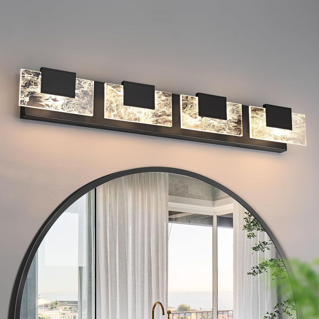 LED Bathroom Vanity Light: 32in Matte Black Acrylic Modern Lighting Fixtures - 4-Light Contemporary Smoke Design Wall Lights Fixture Over Mirror 3000K