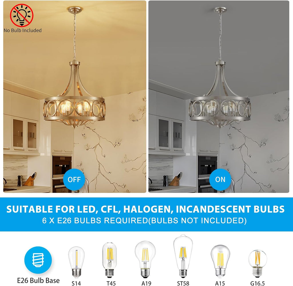 XINGQI Brushed Nickel Dining Room Chandelier 6 Lights Modern Farmhouse Chandelier 21.7' Round Hanging Lighting Fixture Rustic Metal Drum Pendant Lamp for Entryway Bedroom Kitchen
