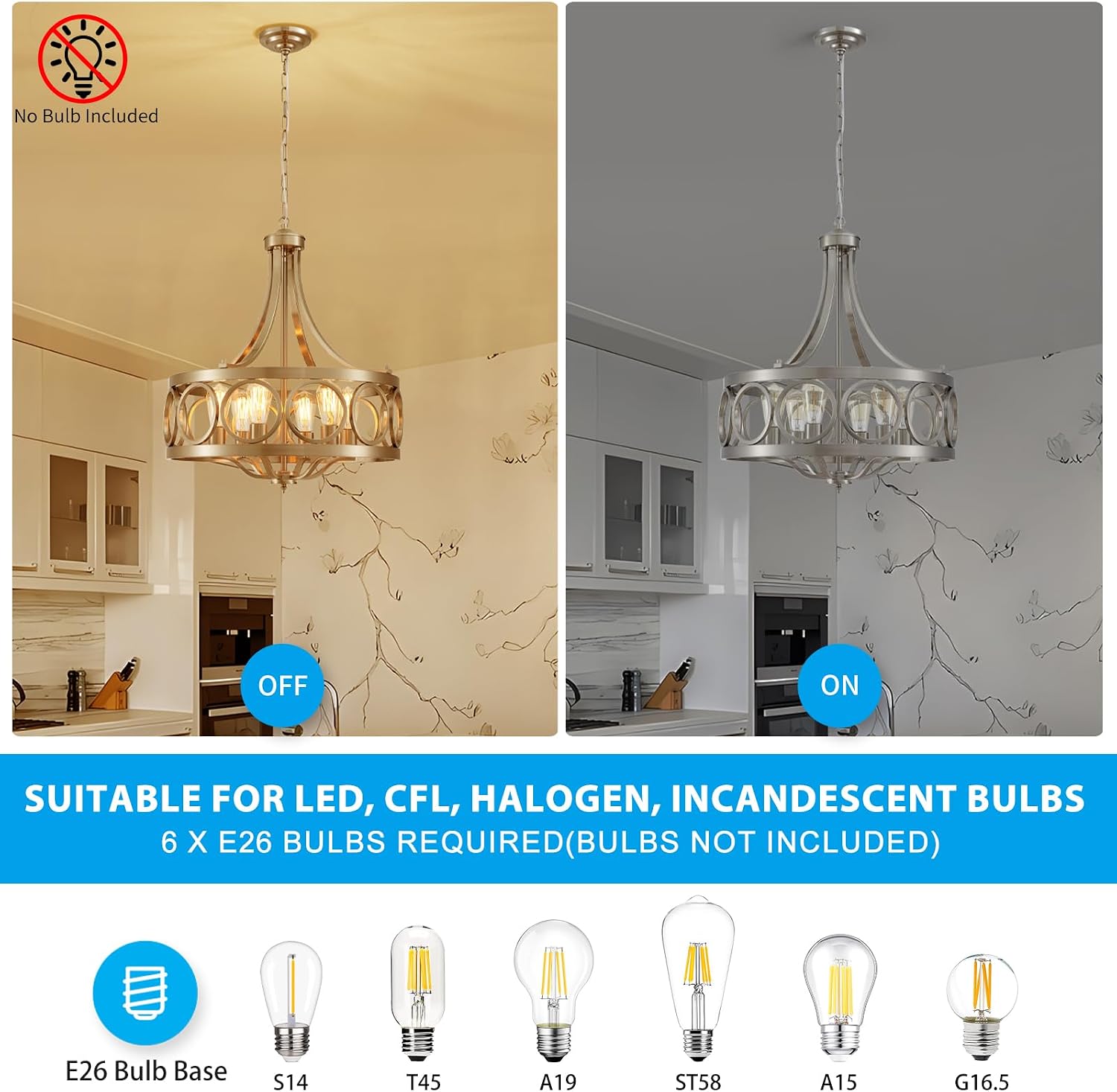 XINGQI Brushed Nickel Dining Room Chandelier 6 Lights Modern Farmhouse Chandelier 21.7' Round Hanging Lighting Fixture Rustic Metal Drum Pendant Lamp for Entryway Bedroom Kitchen