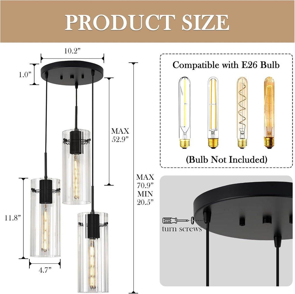 Modern Cluster Pendant Lights, Black Cluster Chandelier with Clear Ribbed Glass, 3 Light Pendant Lighting for Kitchen Island, Staircase, Dining Room, Living Room