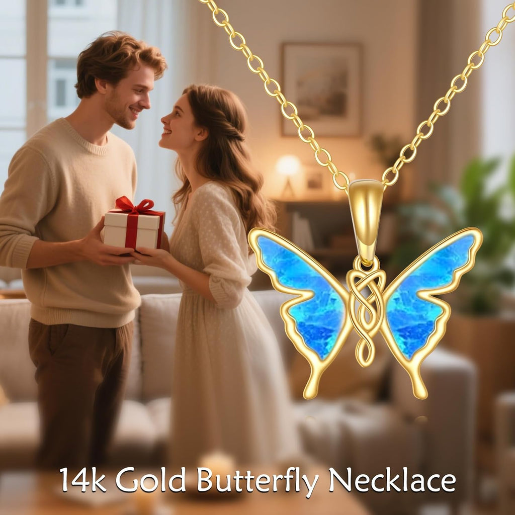 DOVRAN 14K Solid Gold Cat/Butterfly/Heart/Teardrop Necklace for Women 14K Gold Opal/Lapis Lazuli/Black Onyx Pendant Jewelry Gift for Women