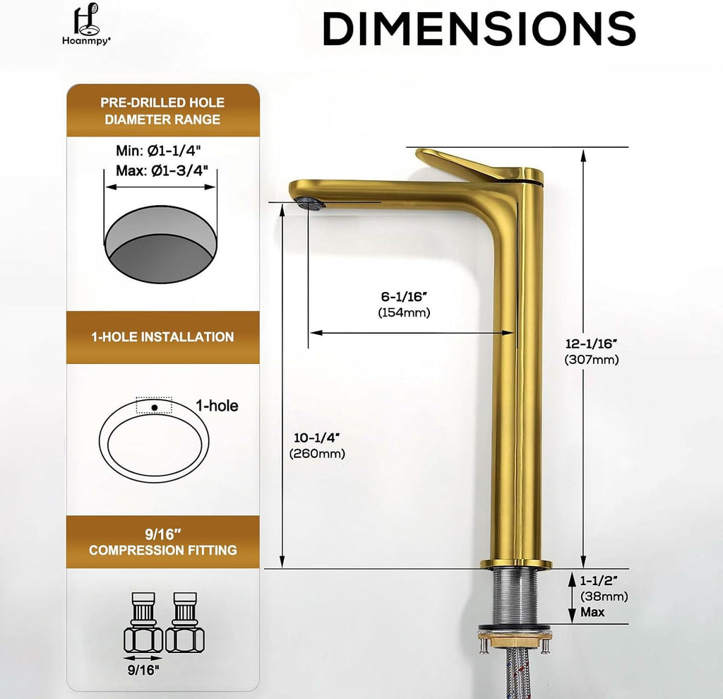 12 Inch Tall Vessel Sink Faucets - Hoanmpy Bathroom Faucet,Modern 22° Angle Outflow Nozzle Handle One Hole Bathroom Vanity Faucets - Brass Lavatory Faucets Brushed Gold