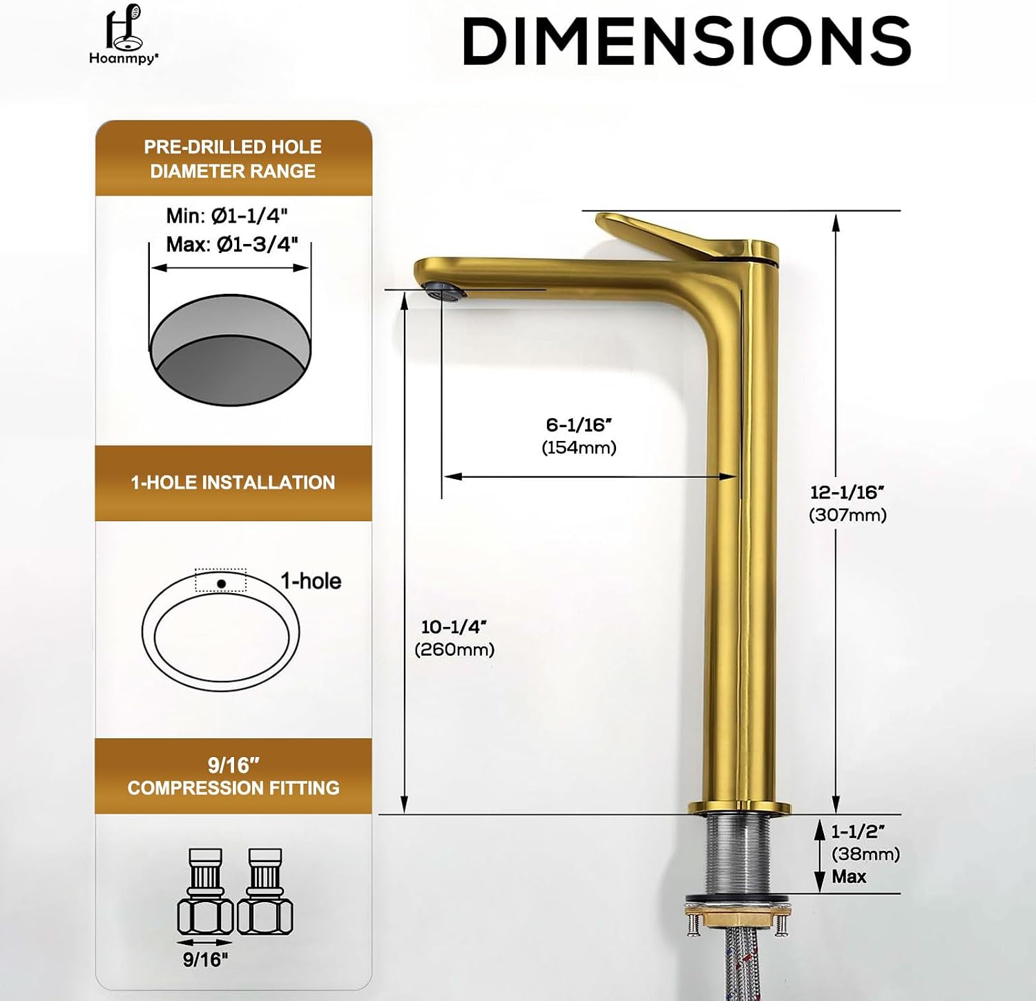 12 Inch Tall Vessel Sink Faucets - Hoanmpy Bathroom Faucet,Modern 22° Angle Outflow Nozzle Handle One Hole Bathroom Vanity Faucets - Brass Lavatory Faucets Brushed Gold