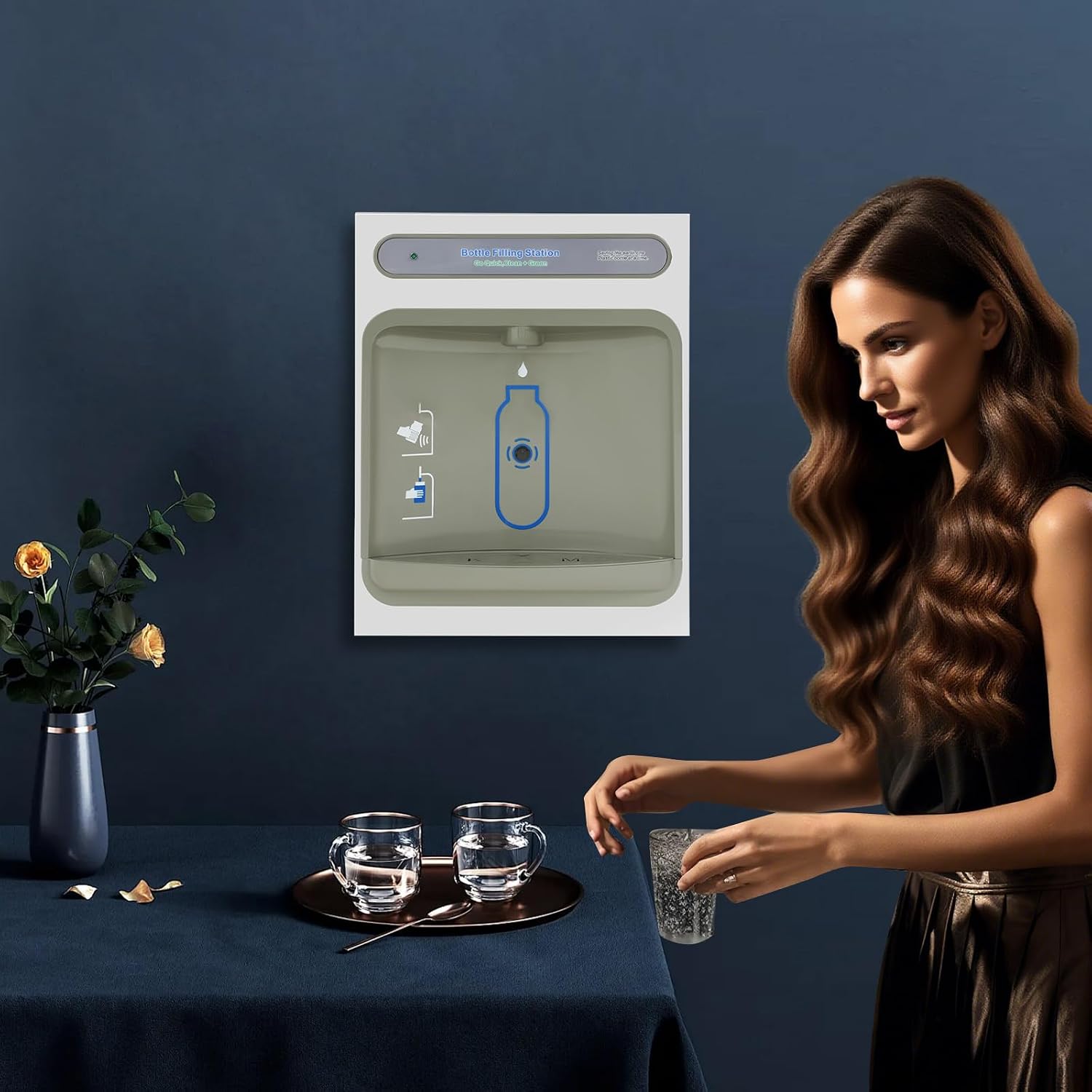 Wall Mounted Bottle Filling Station and Water Dispenser with Hands-Free Sensor, 5-6.82L/Min Flow & Filter - Grey Stainless Steel for Home Office Gym