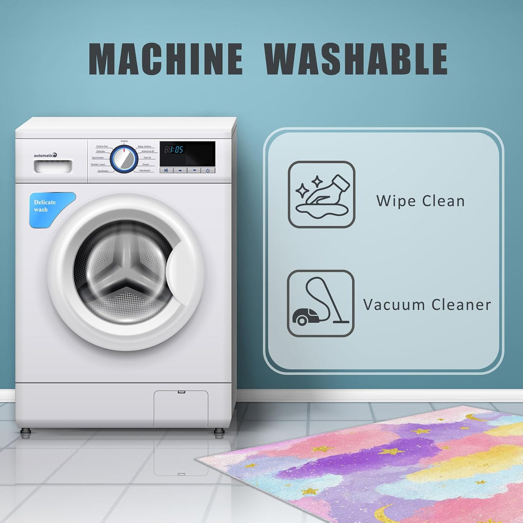 Rainbow Cloud Rug 8x12 for Bedroom, Moon Star Patterned Living Room Area Rug, Rainbow Cloud Kids Boys Girls Room Decor, Washable Soft Thin Carpet with Non Slip Backing, 8 x 12 ft - Lu11708