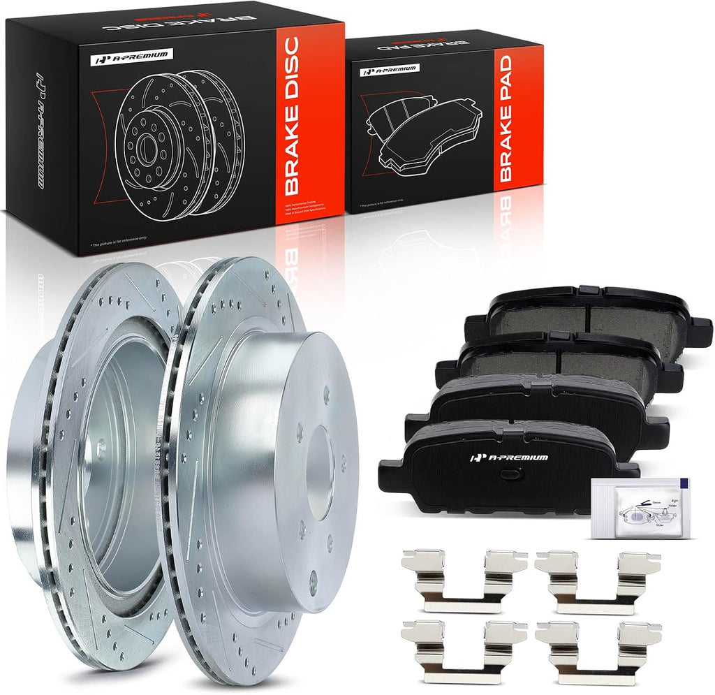 A-Premium 12.13 inch (308.10mm) Rear Drilled and Slotted Disc Brake Rotors + Ceramic Pads Kit Compatible with Select Infiniti and Nissan Models - FX35, Q50, QX70, JX35, M35H, M37, M56, Q60, Murano