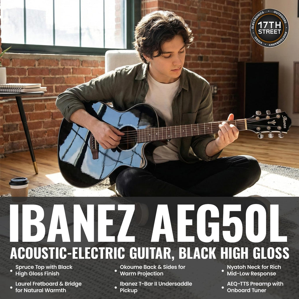 Ibanez AEG50L Left-Handed Acoustic-Electric Guitar - Black High Gloss Guitar with GSF50 Powerpad Strap, String Capo, 15 Pack Guitar Picks with Storage Box, and Microfiber Cleaning Cloth - Bundle Kit