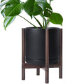 D'vine Dev Ceramic Planter with Walnut Color Stand - 12 Inch Modern Round Flower Pot with Wood Planter Holder, Black, 55-B-W-2