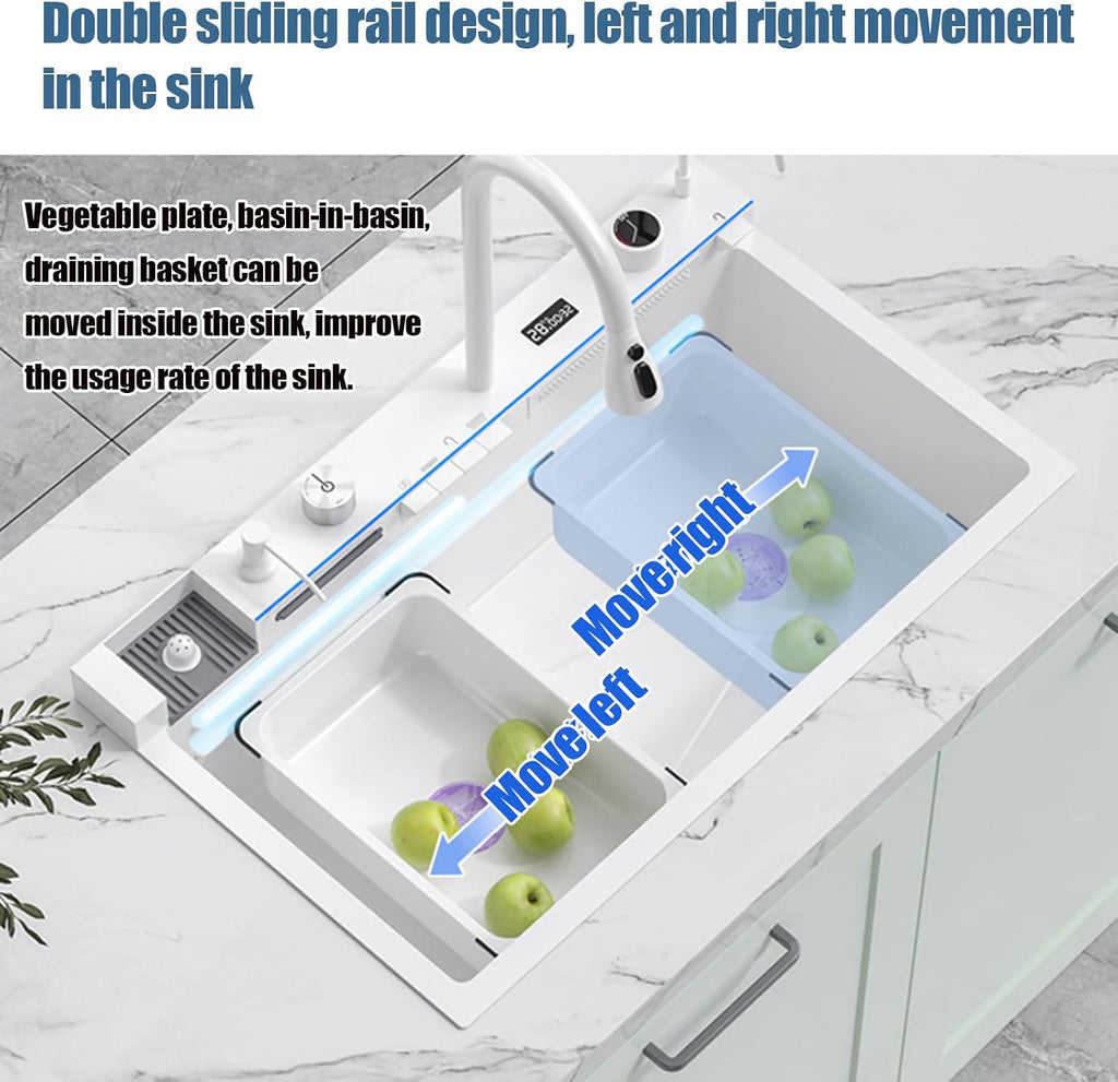 Double Waterfall Sink with LED Display, Cup Washer, Soap Dispenser, Worktop Controller, etc. (White, 31.5 * 18.1 * 8.7 IN)