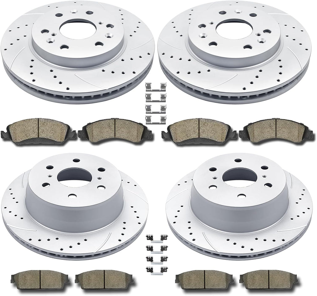 Acinoparts Front and Rear Brake Kit, Drilled and Slotted Brake Rotors Ceramic Brake Pads Suitable for Cadillac Escalade Chevy Silverado 1500 Tahoe GMC Yukon