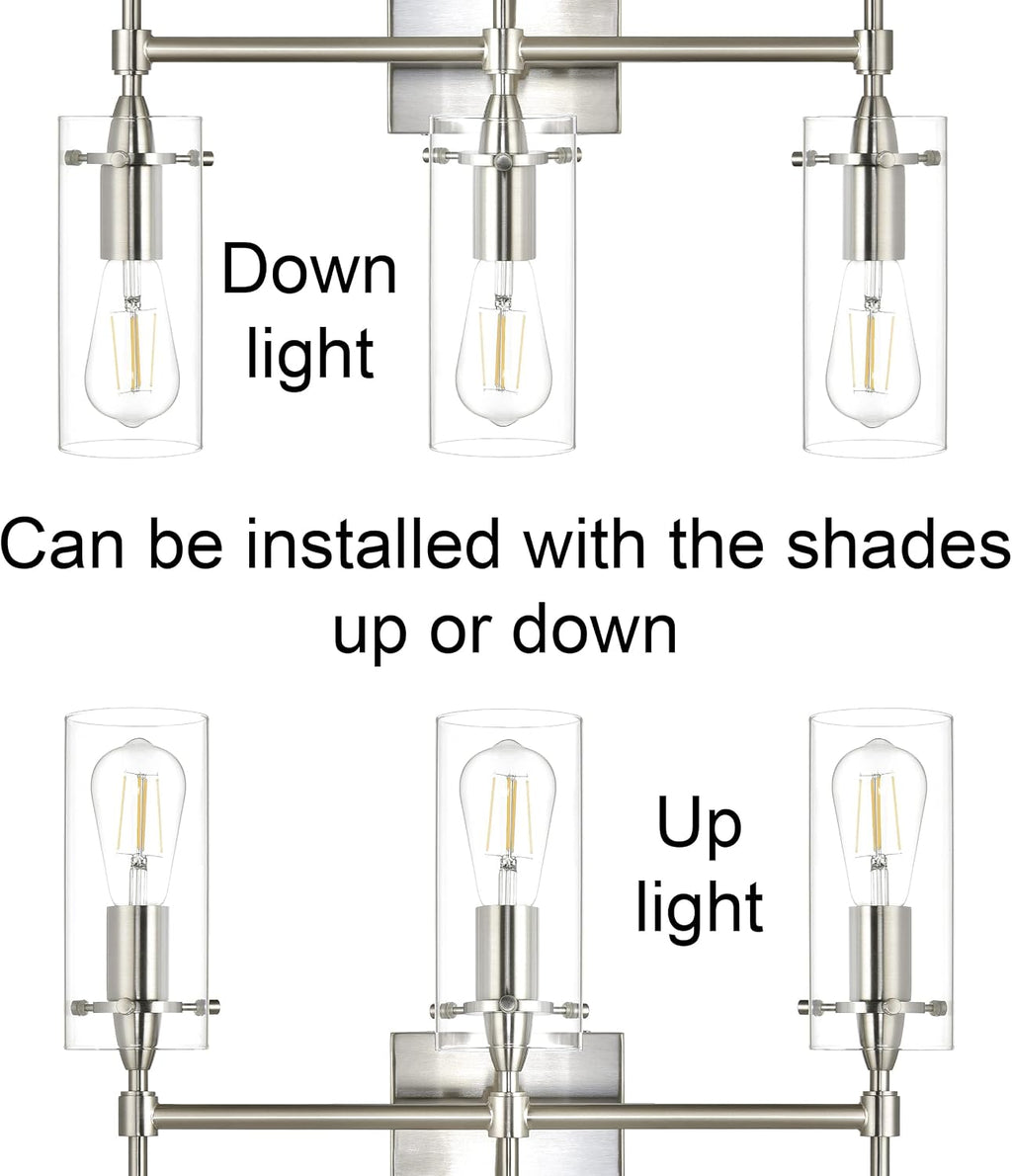 Linea di Liara Effimero Modern Farmhouse Bathroom Vanity Lights Fixtures 3 Lights Over Mirror Brushed Nickel Vanity Lights For Bathroom Light Fixtures Industrial Lighting Clear Glass Covers, UL Listed