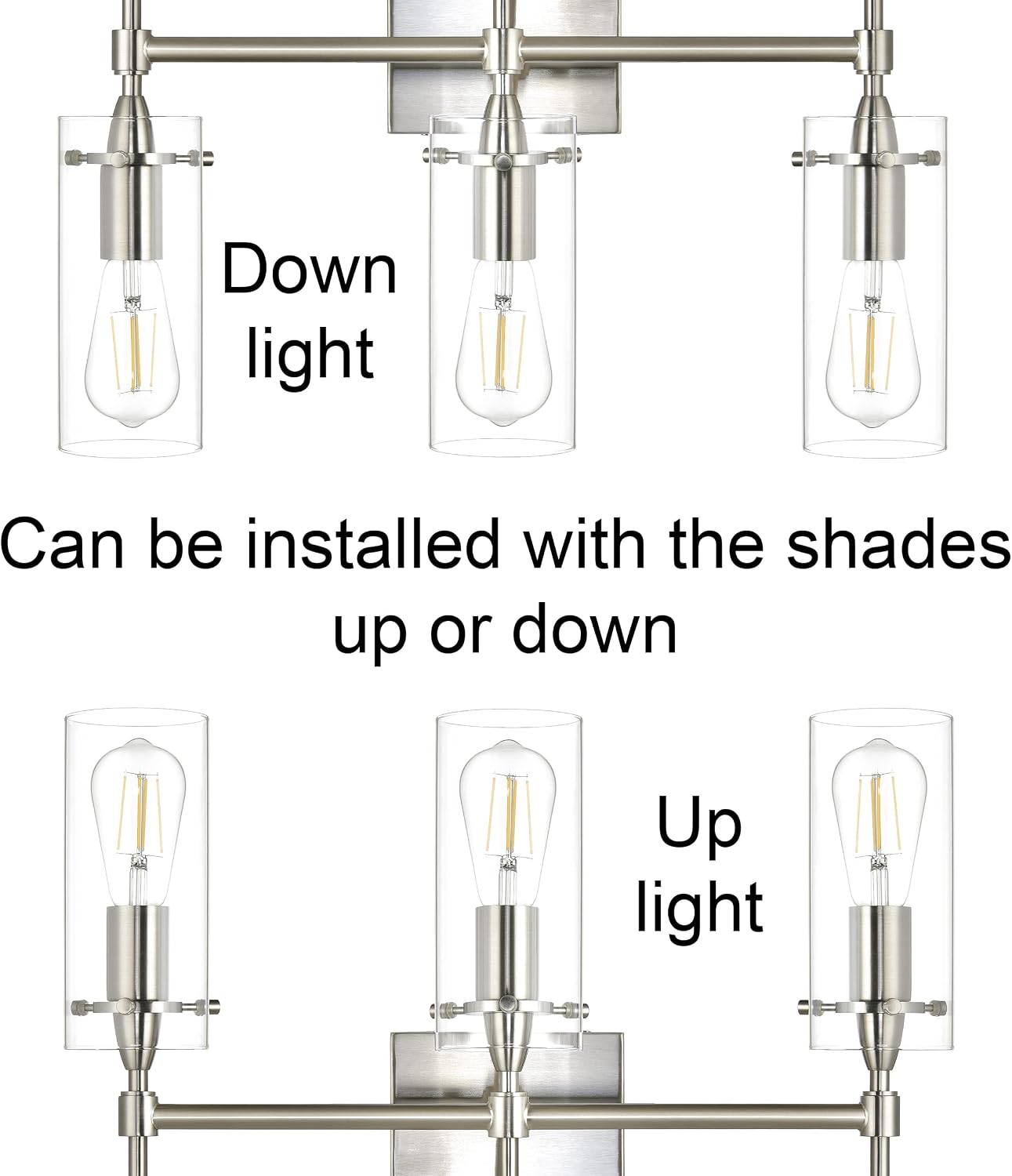 Linea di Liara Effimero Modern Farmhouse Bathroom Vanity Lights Fixtures 3 Lights Over Mirror Brushed Nickel Vanity Lights For Bathroom Light Fixtures Industrial Lighting Clear Glass Covers, UL Listed