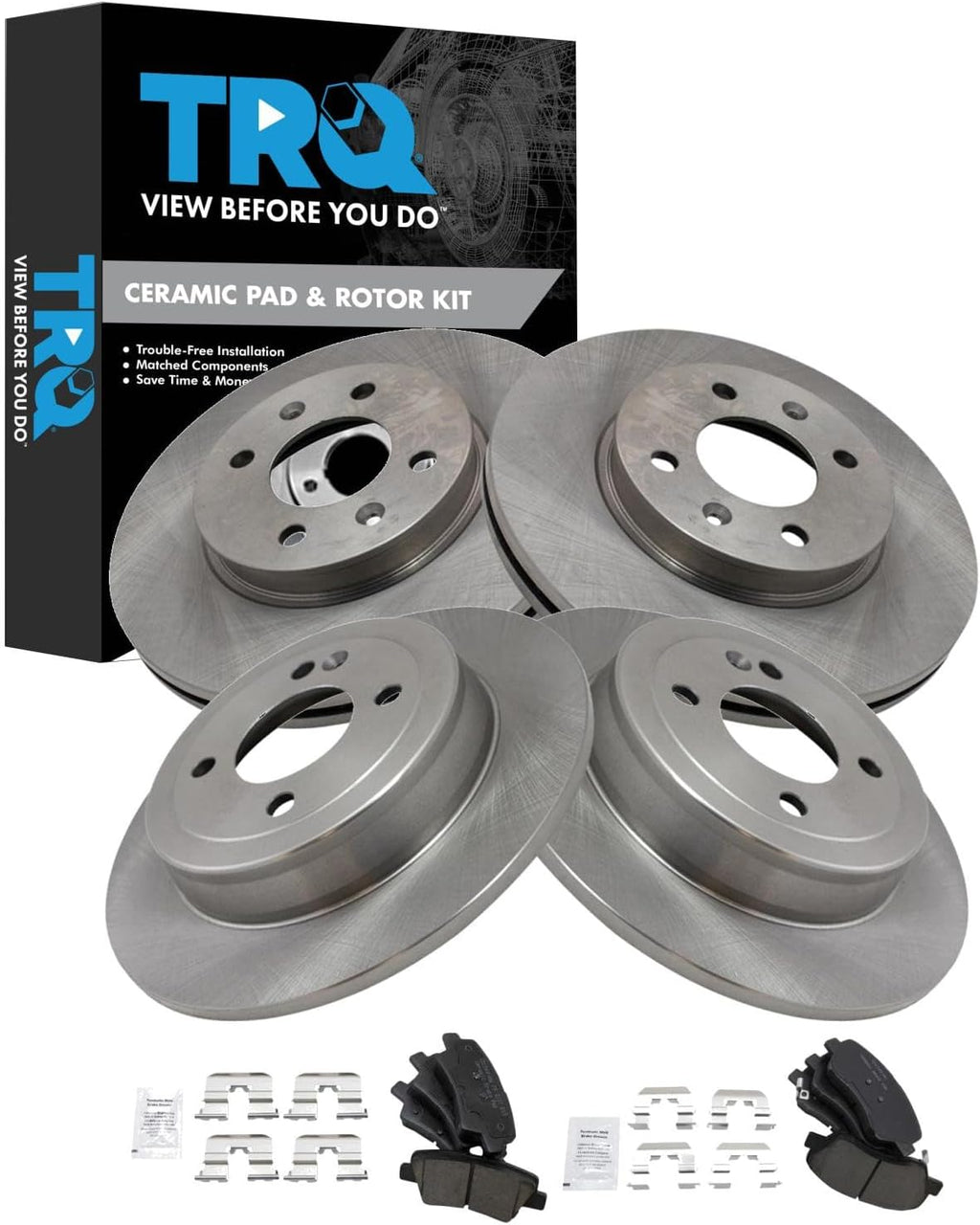 TRQ Front and Rear Brake Pad and Rotor Set Ceramic Vented Solid Rotors Compatible with 2012-2017 Hyundai Accent Kia Rio