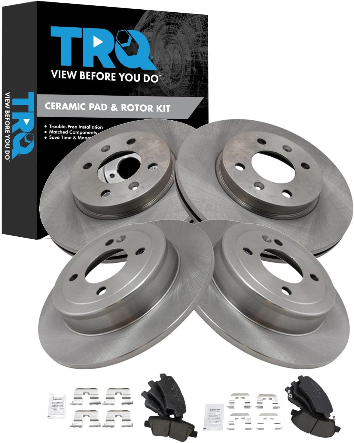 TRQ Front and Rear Brake Pad and Rotor Set Ceramic Vented Solid Rotors Compatible with 2012-2017 Hyundai Accent Kia Rio