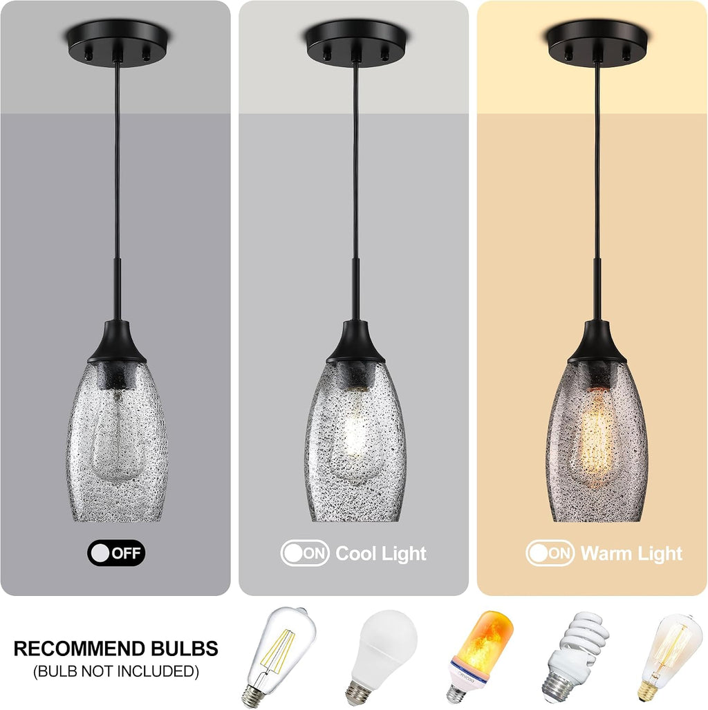 Viinew Mini Glass Pendant Light,4.72' Black Glass Hanging Light 3-Pack Handblown Clear Black Seeded Shade Adjustable Cord Ceiling Light Fixture for Kitchen Island Sink