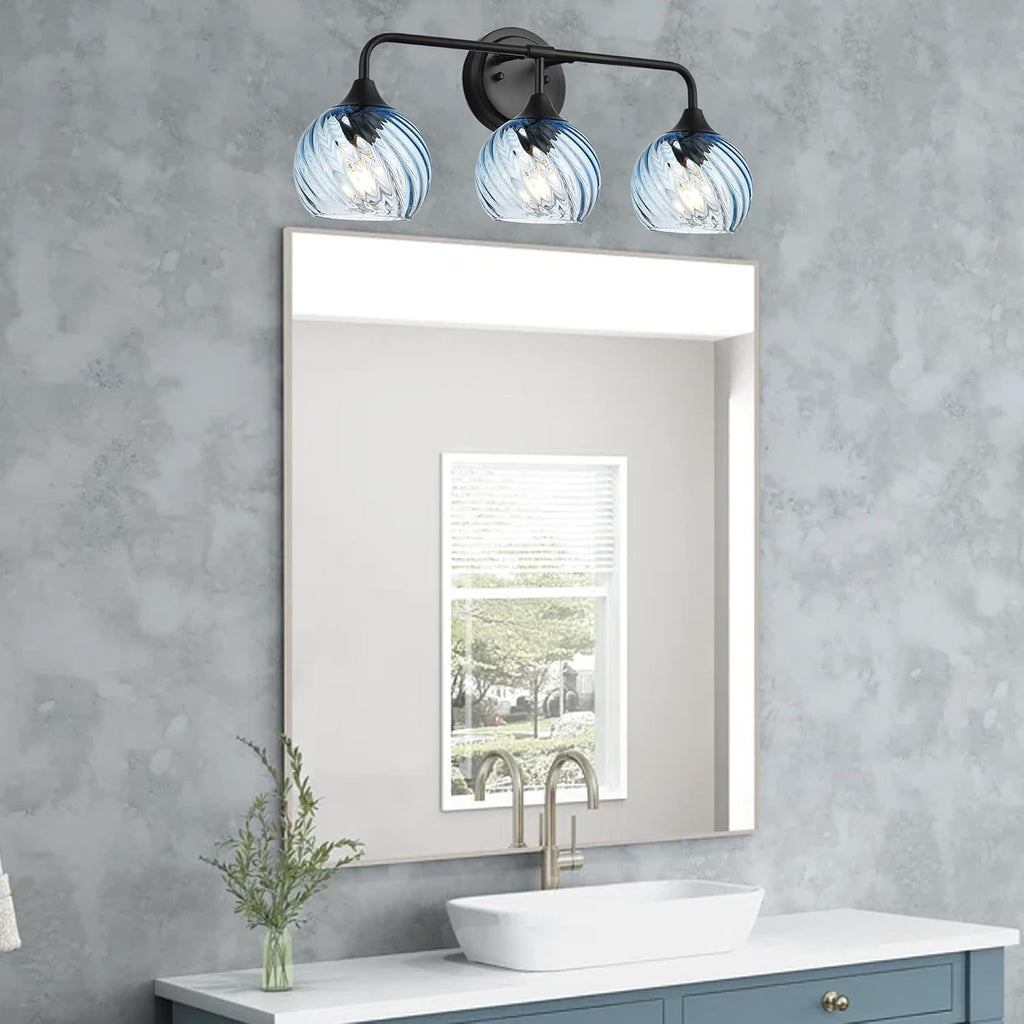 MELUCEE 25 Inch Bathroom Light Fixtures Black, 3-Light Vanity Lights with Blue Striped Swirl Glass Shade, Mid-Century Modern Bathroom Vanity Light Over Mirror