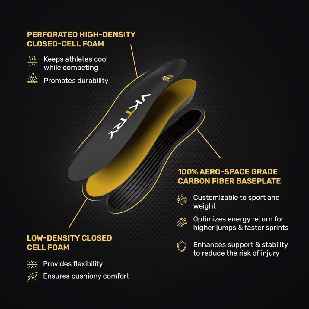 VKTRY Gold for Cleated Shoes - Carbon Fiber Performance Insoles - Customized Athletic Inserts for Soccer & Track | Shock Absorption, Run Fast, Jump High, US: Men 3-3.5, Women 5-5.5, <120lb