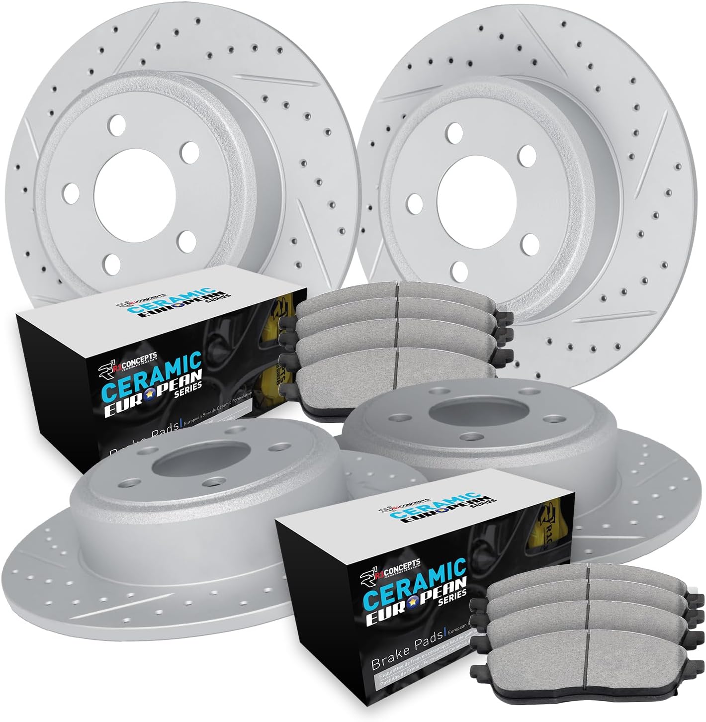 R1 Concepts Front and Rear Brake Kit Fits 2014-2021 Jaguar F-Type; 2016-2019 Jaguar XJ| Euro Ceramic Brake Pads and Drilled Slotted Brake Rotors| 14.0' Front & 12.8' Rear