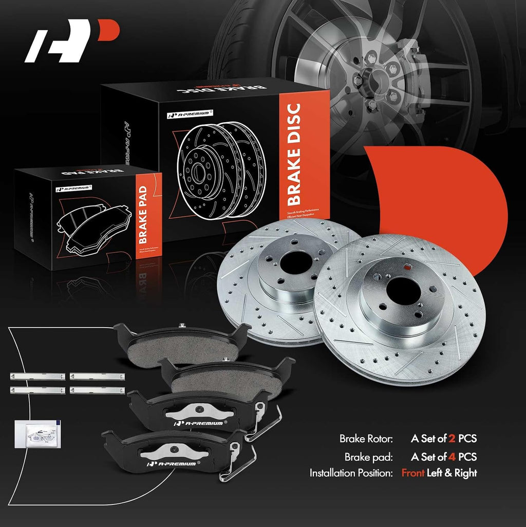 A-Premium 11.57 inch (293.80mm) Front Drilled and Slotted Disc Brake Rotors + Ceramic Pads Kit Compatible with Select Subaru & Saab Models - Outback, Forester, Impreza, Legacy, Baja, 9-2X, 6-PC Set
