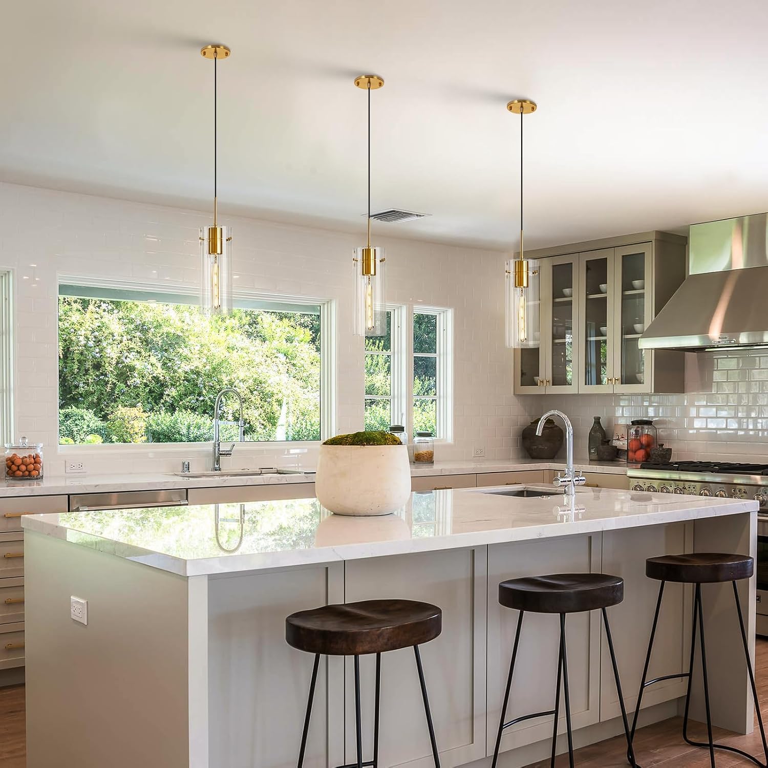 Gold Pendant Light Fixtures, 3 Pack Modern Pendant Lighting with Clear Striped Glass Shade, Hanging Pendant Lights Kitchen Island, Farmhouse Pendant Lighting for Dining Room Bedroom Bathroom