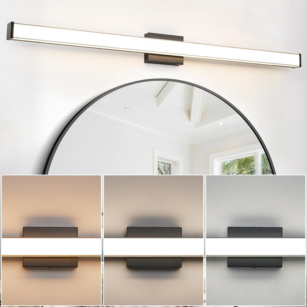 Modern LED Bathroom Vanity Light 48 inch 32W Dimmable 3CCT Bathroom Light Fixture Over Mirror Rectangle Bath Vanity Light Bar with Double Layer Acrylic Shade (Matte Black)