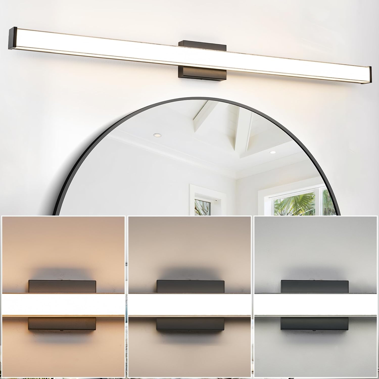 Modern LED Bathroom Vanity Light 48 inch 32W Dimmable 3CCT Bathroom Light Fixture Over Mirror Rectangle Bath Vanity Light Bar with Double Layer Acrylic Shade (Matte Black)