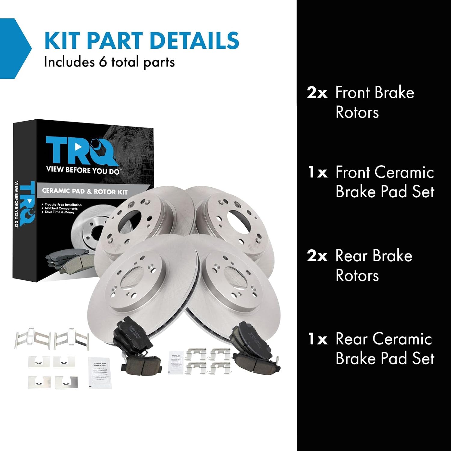 TRQ Front and Rear Brake Pad and Rotor Set Ceramic Vented Solid Rotors Compatible with 2004-2008 Acura TL