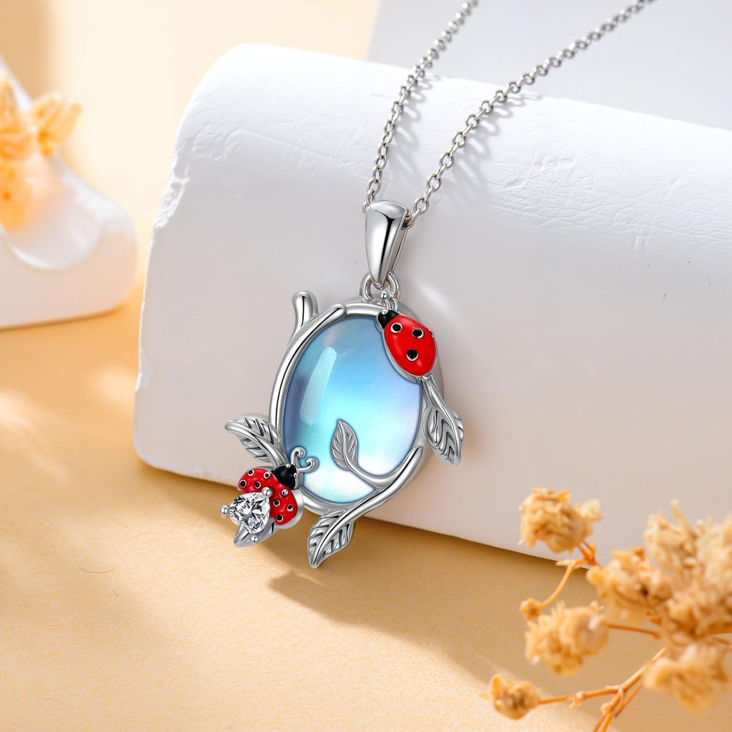 Moonstone Ladybug Necklace for Women 925 Sterling Silver Moonstone Pendant Nature Inspired Lucky Jewelry Gift for Mom Daughter Wife