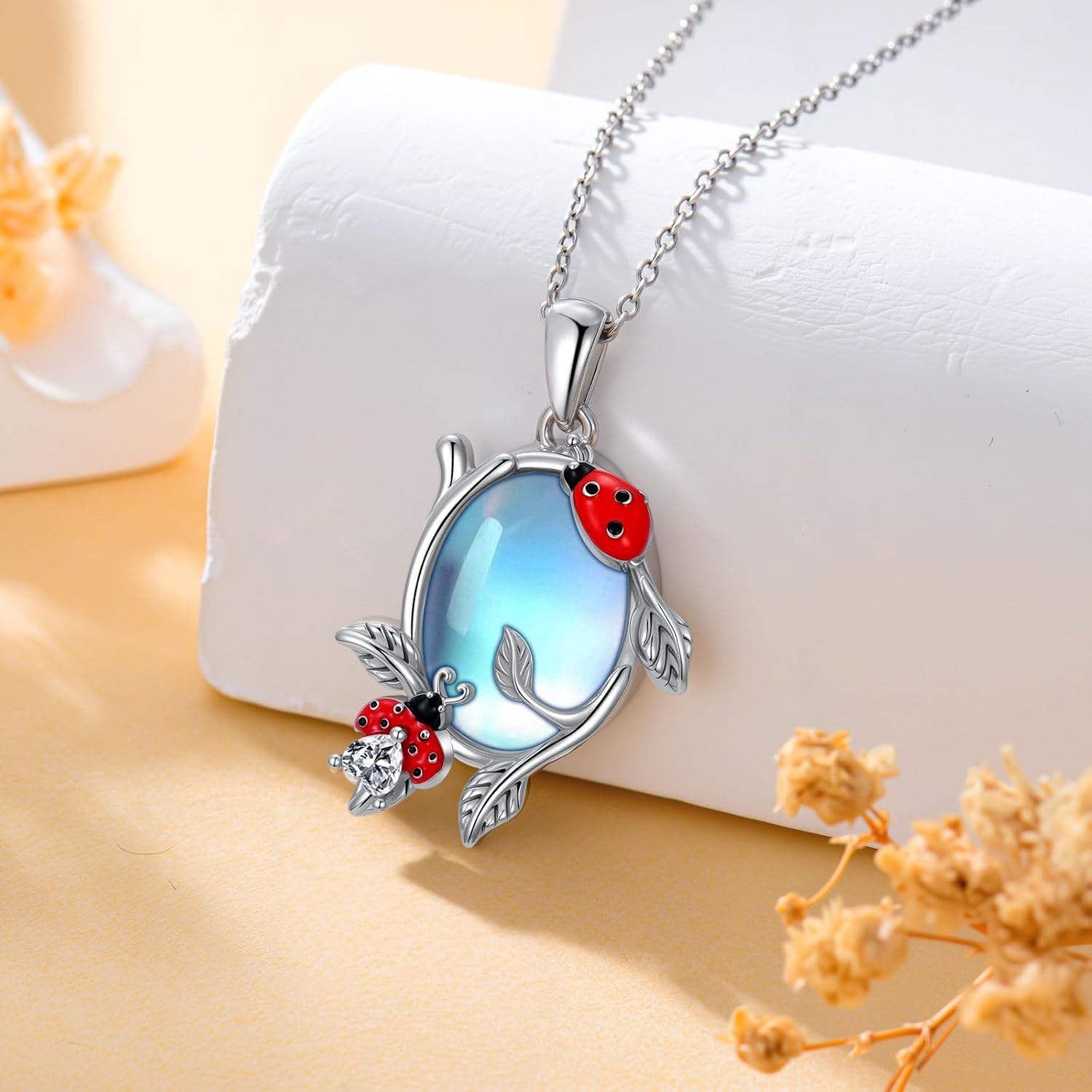 Moonstone Ladybug Necklace for Women 925 Sterling Silver Moonstone Pendant Nature Inspired Lucky Jewelry Gift for Mom Daughter Wife