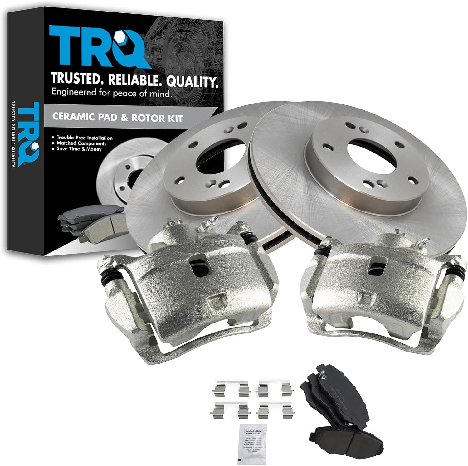TRQ Front Brake Pad and Rotor Set Ceramic Vented Rotors Calipers Compatible with 2003-2011 Honda Element
