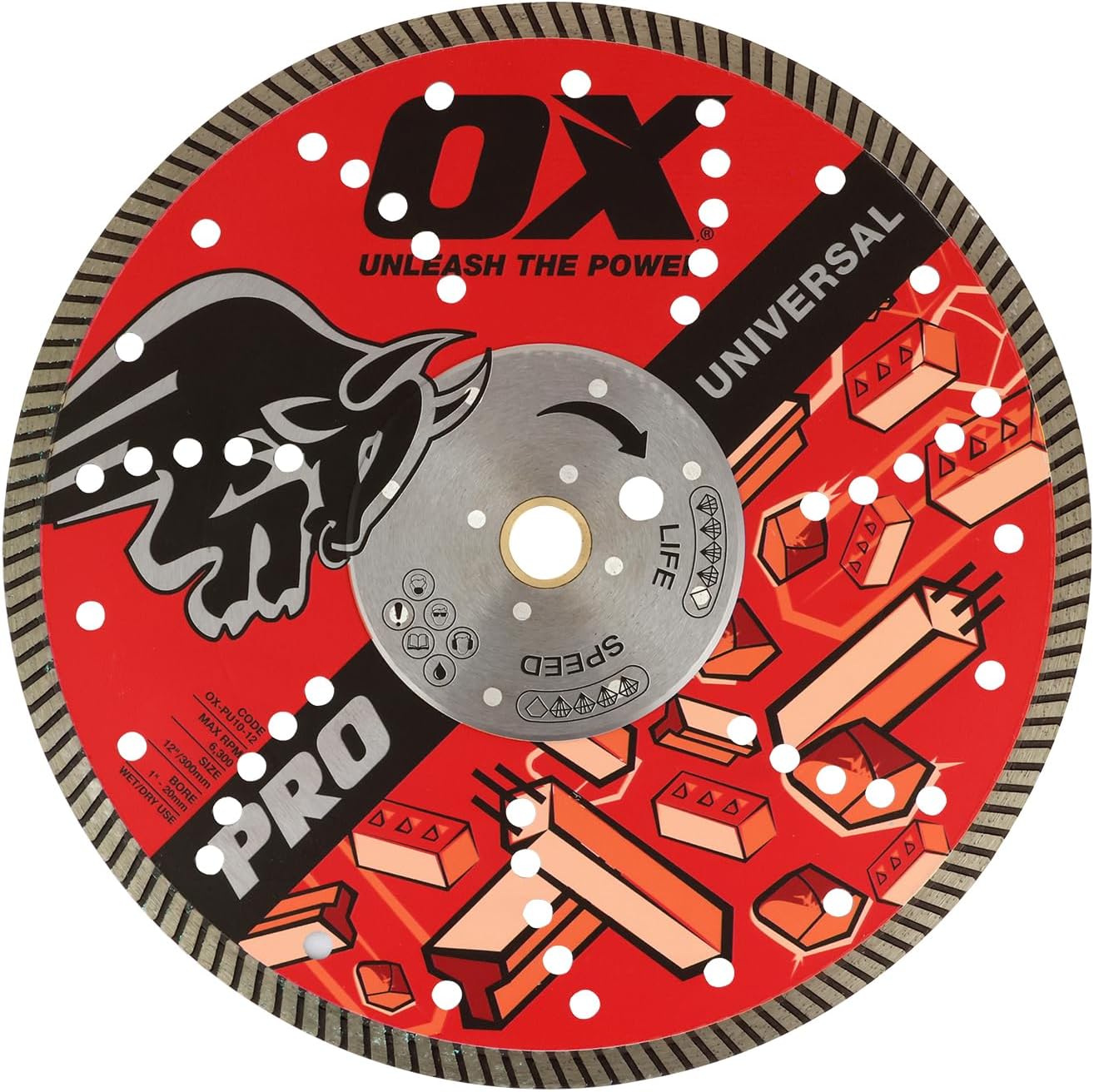 OX Tools 12 inch Universal Dry/Wet Cutting Diamond Blade for Concrete Saw, Cuts Concrete, Granite, Metal, Natural Stone, and Tiles - 20mm - 1 inch Bore, Continuous Turbo Segments, OX-PU10-12