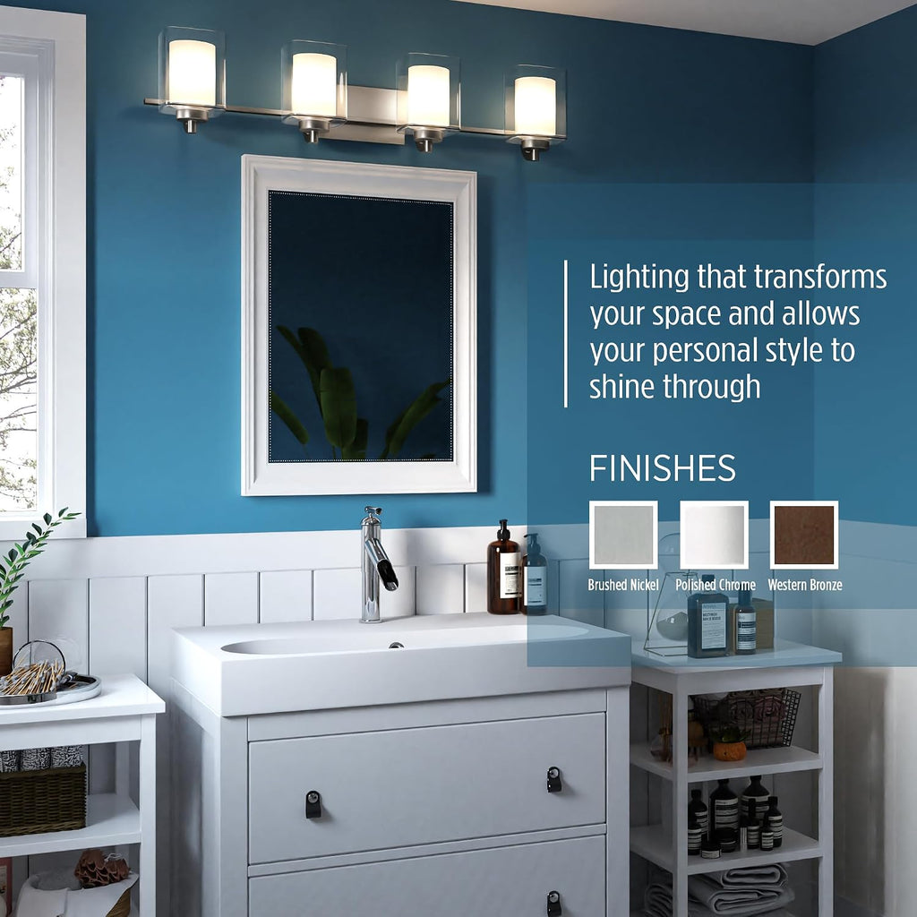 Quoizel Kolt Modern Vanity Lights, 2-Light, 18 Inch Brushed Nickel Bathroom Lighting Fixtures Over Mirror, Sandblasted Inner Glass, 100 W A19 Bulb, Wall Mount Light for Bathrooms, Kitchen or Hallway