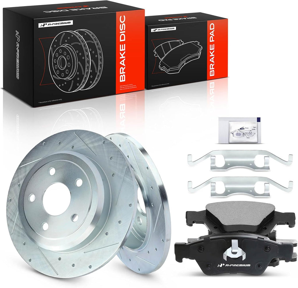 A-Premium 12.99 inch (330mm) Rear Drilled and Slotted Disc Brake Rotors + Ceramic Pads Kit Compatible with Select Dodge and Jeep Models - Durango/Grand Cherokee 2011-2020, 6-PC Set