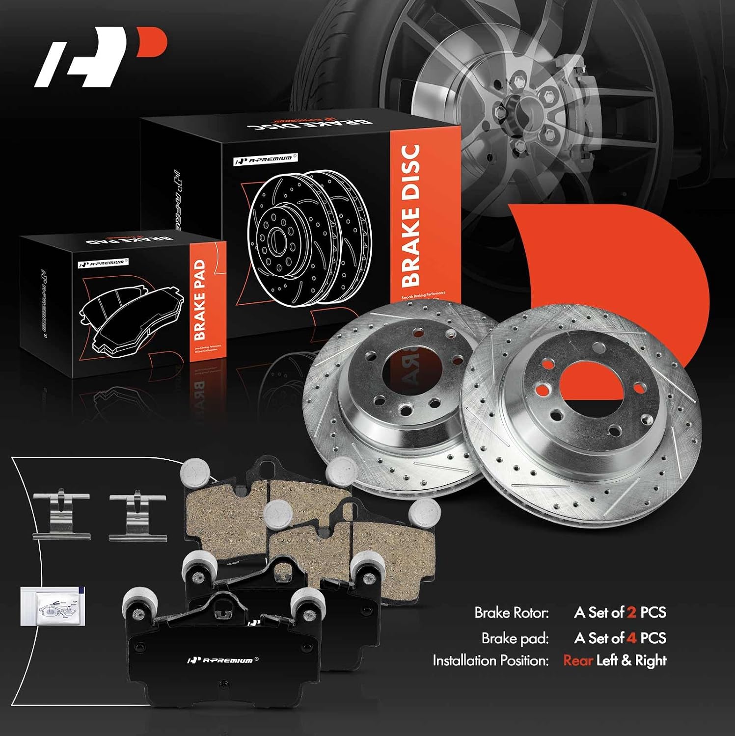 A-Premium 6-PC Set 12.98 inch (329.8mm) Rear Drilled and Slotted Disc Brake Rotors + Ceramic Pads Kit Compatible with Select Audi, Porsche and Volkswagen Models - for Touareg 2004-2010, Q7, Cayenne