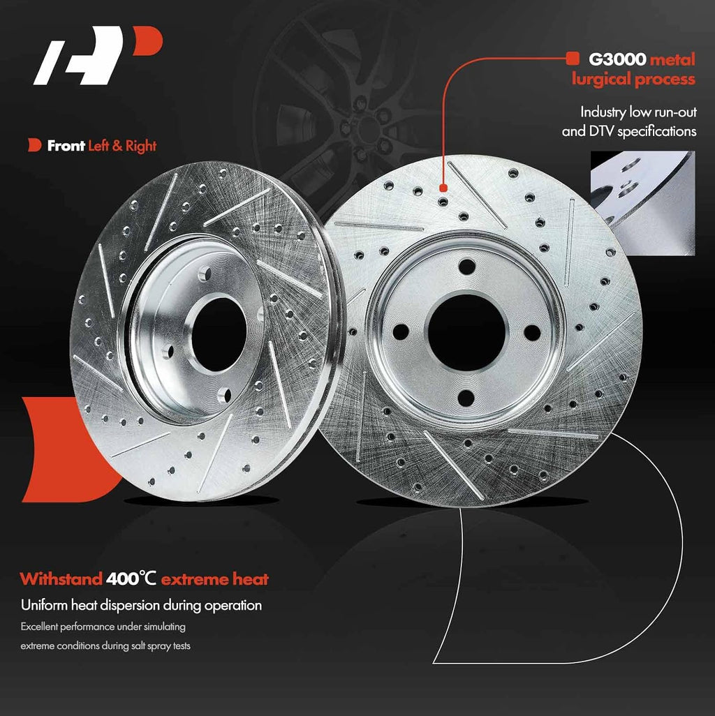 A-Premium 10.95 inch (278mm) Front Drilled and Slotted Disc Brake Rotors + Ceramic Pads Kit Compatible with Select Ford Models - Focus 2005 2006 2007, 6-PC Set