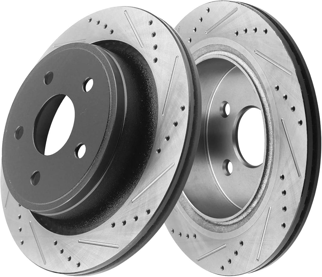 Rear Brake Pads and Rotors Kit for 2005-2010 Dodge Ram 1500, 2011-2018 Ram 1500, 2004-2009 Dodge Durango, 2007-2009 Chrysler Aspen Ceramic Brake Pads Drilled and Slotted E-Coating Disc Brake Rotors