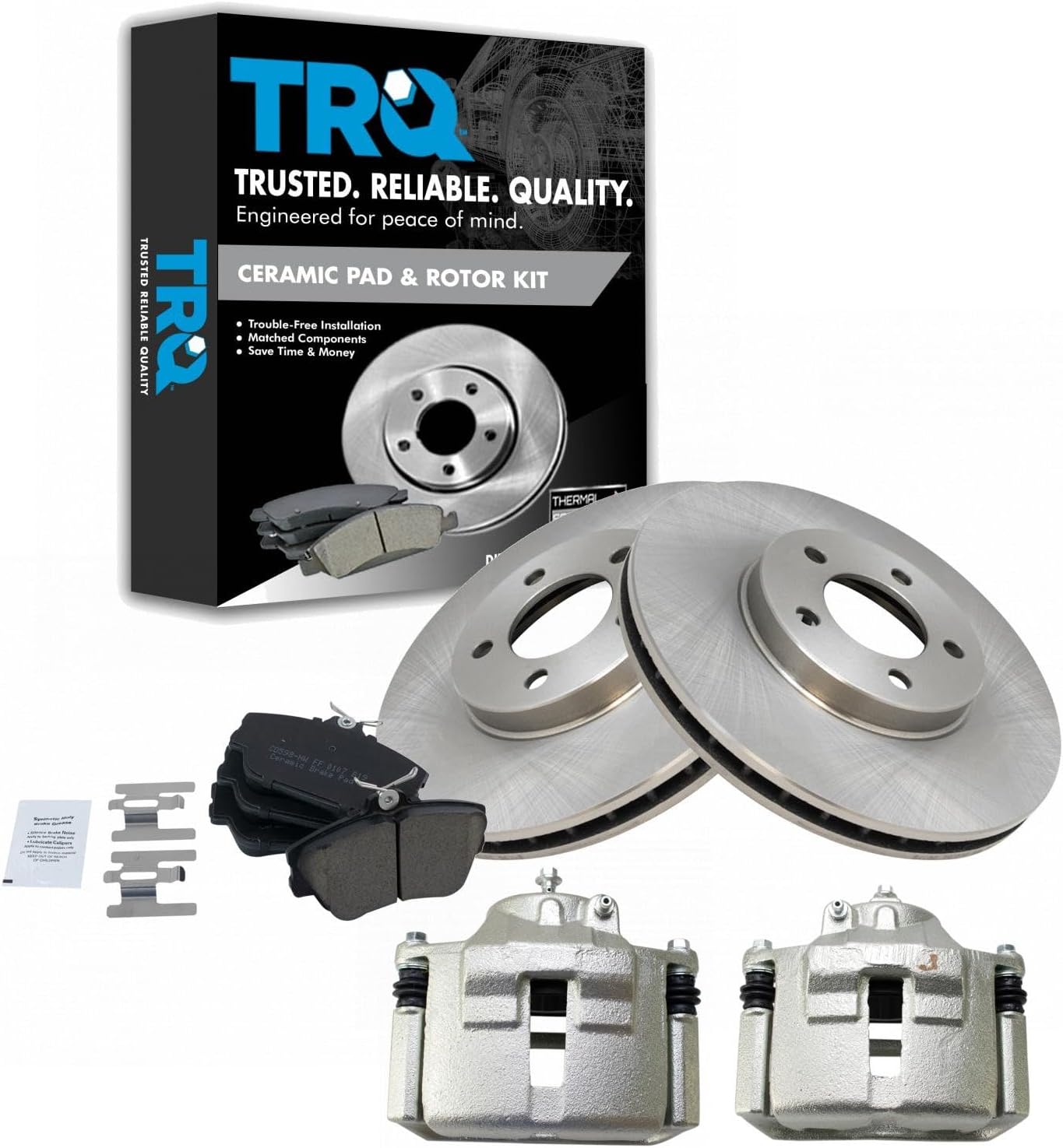 TRQ Front Brake Pad and Rotor Set Ceramic Rotors Calipers Compatible with 2001-2007 Ford Taurus 2001-2005 Mercury Sable 2002 Lincoln Continental