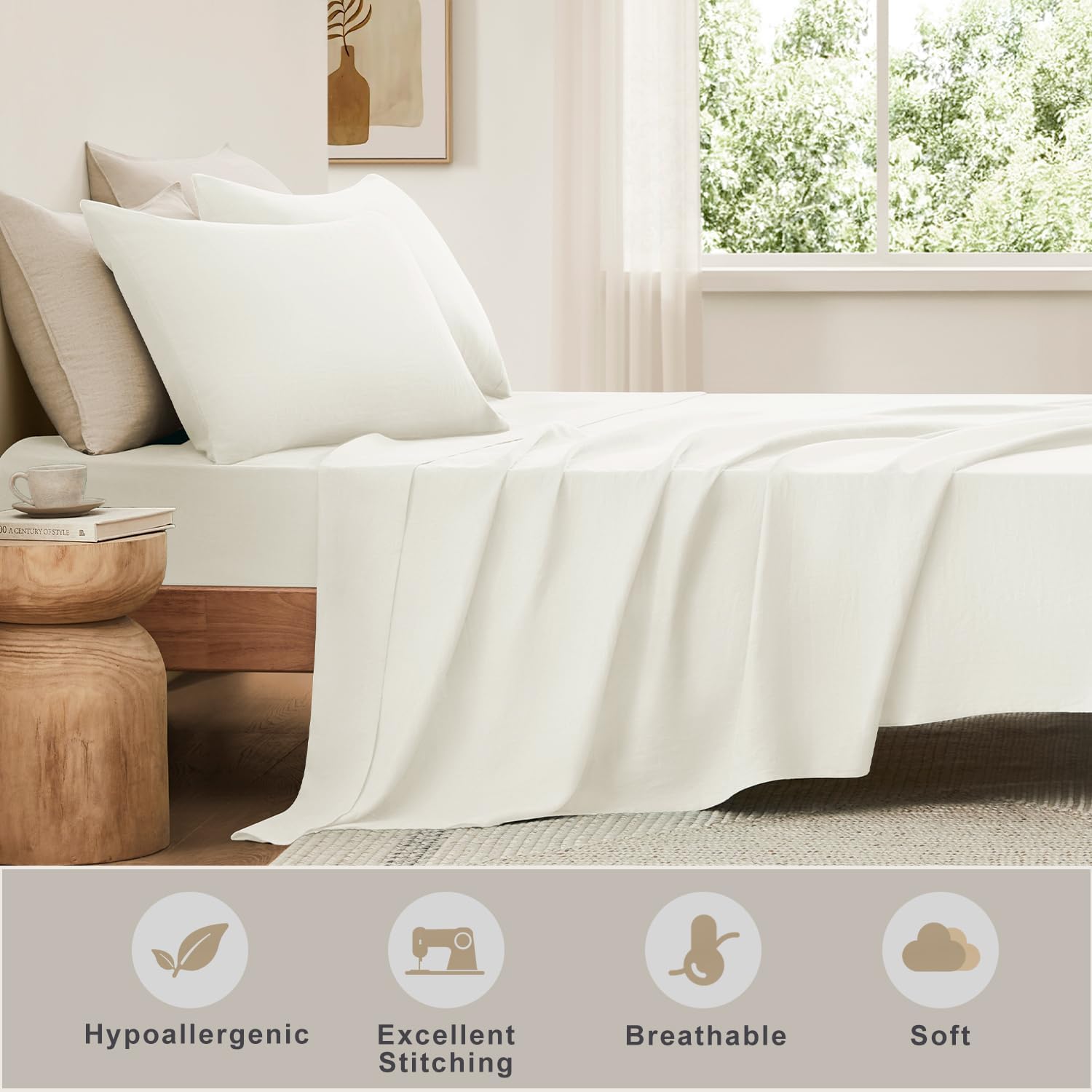 TOSMO Pure Linen Sheets Set, 100% French Natural Linen Flax Bedding 4pc Set (1 Flat Sheet, 1 Fitted Sheet, 1 Pillowcase) - Cream White, King
