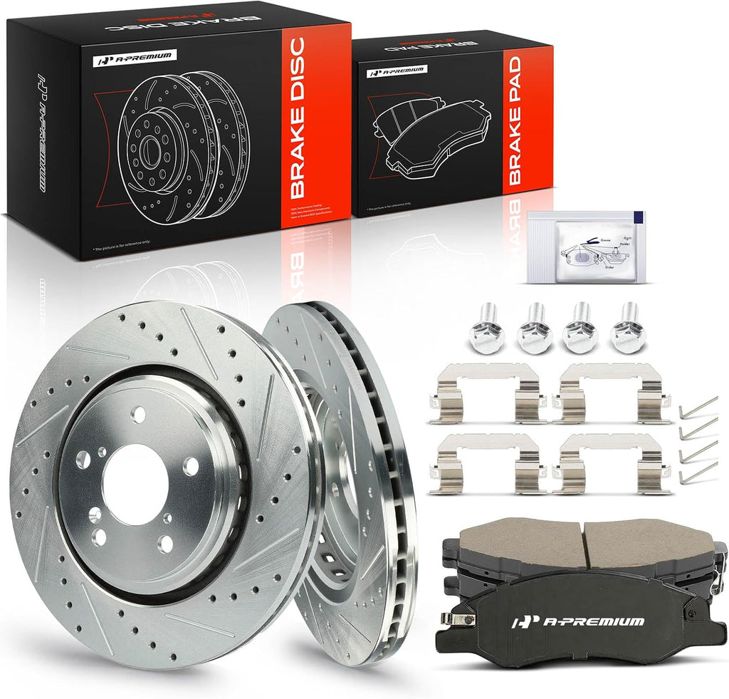 A-Premium 12.60 inch (320mm) Front Drilled and Slotted Disc Brake Rotors + Ceramic Pads Kit Compatible with Select Honda Models - Odyssey 2018-2023, 6-PC Set