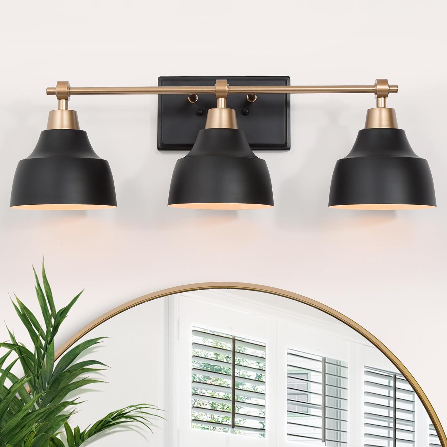 LALUZ Black Bathroom Vanity Light Fixtures, 3-Light Brass Modern Farmhouse Gold Vanity Wall Lamp Over Mirror with Metal Globe for Hallway, Bedroom, Kitchen, and Living Room